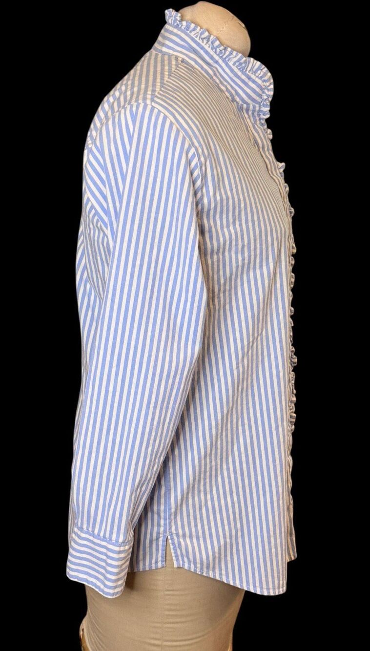 Crown & Ivy Striped Blouse Ruffle Button Front Stand Up Collar Small Preppy Clas - Picture 6 of 10